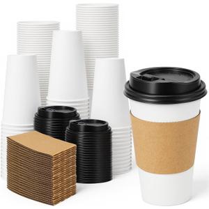 Lamosi 100 Pack 16 oz Disposable Coffee Cups with Lids and Sleeves, Leak-Proof To Go Paper Coffee Cups with Lids, Hot/Cold Beverage White Drinking Cup for Home, Office, Parties, Travel