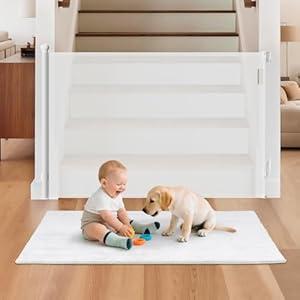 BBsecure Retractable Baby Gates, 38" Tall Baby Gate for Stairs, 71" Wide Mesh Dog Gate with Auto-Retract System, One-Hand Operation Retractable Pet Gate for Hallways, Doorways, Indoor & Outdoor, White (Pack of 2)