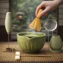 Matcha Whisk Set with Matcha Bowl - Matcha Set Included Electric Frother, Bamboo Whisk, Matcha Spoon, Bamboo Holder, Sifter, Spoon Stand (Mottled Green)