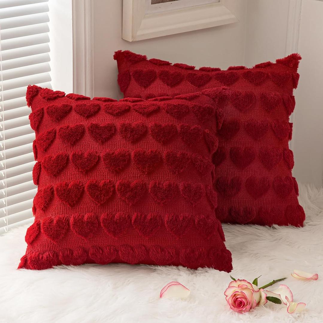 MIULEE Valentines Pillow Covers 18x18 Inch Set of 2 Valentines Day Red Heart Love Decorative Cute Soft Plush Faux Fur Throw Pillows for Girl Bedroom Couch Sofa Holiday Home Decor