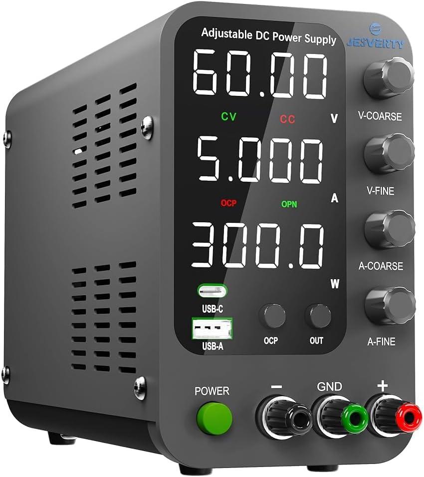 DC Power Supply Variable, 0-60V 0-5A Switching Bench Power Supply with 20W USB & Type-C Quick-Charge, Encoder Corase & Fine Adjustment Knob, Output Switch, 4-Digit LED Display - SPS-6005V