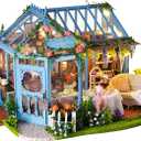 CUTEROOM Dollhouse Miniature with Furniture, 3D Wooden Miniature Doll House with Music Box & LED Lights,1:24 Scale DIY House Kit (Rose Garden Tea House)