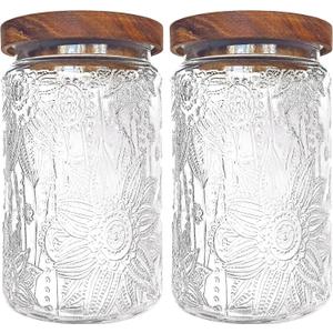35oz/1000ml Glass Storage Jars with Nature Wood Lids, Airtight Food Storage Containers for Kitchen Organization, Large Capacity for Cookie, Pasta, Sugar, Flour, Cereal - Set of 2 sunflower