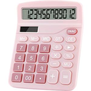 Office Calculators Desktop, 12-Digit Dual Power Cute Calculator with Large LCD Display Big Button for Office Home and School (Pink)