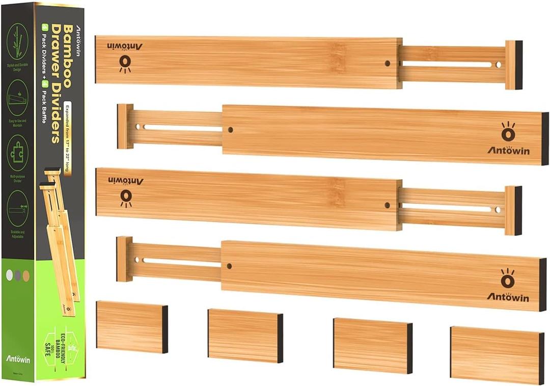 ANTOWIN Bamboo Drawer Dividers Organizers, Drawer Separators Splitter, 17-22 inches Long Adjustable Spring-loaded Organizer for Large Utensil, Clothes, Tools Drawers(yellow)