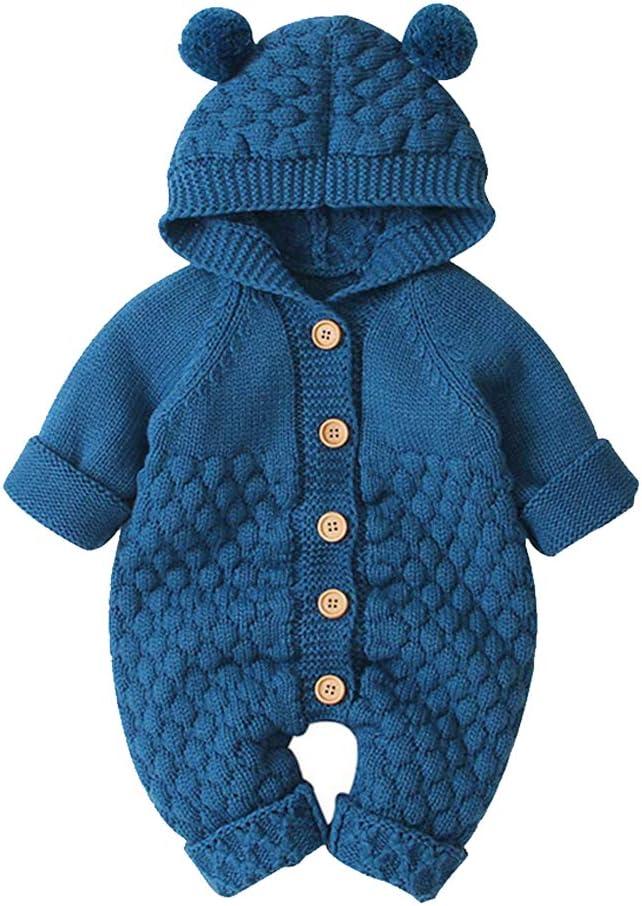 OBEEII Baby Girl Boy Sweater Romper Knitted Overall Hooded Jumpsuit Cute Warm Clothes (0-6 Months, Deep Blue)