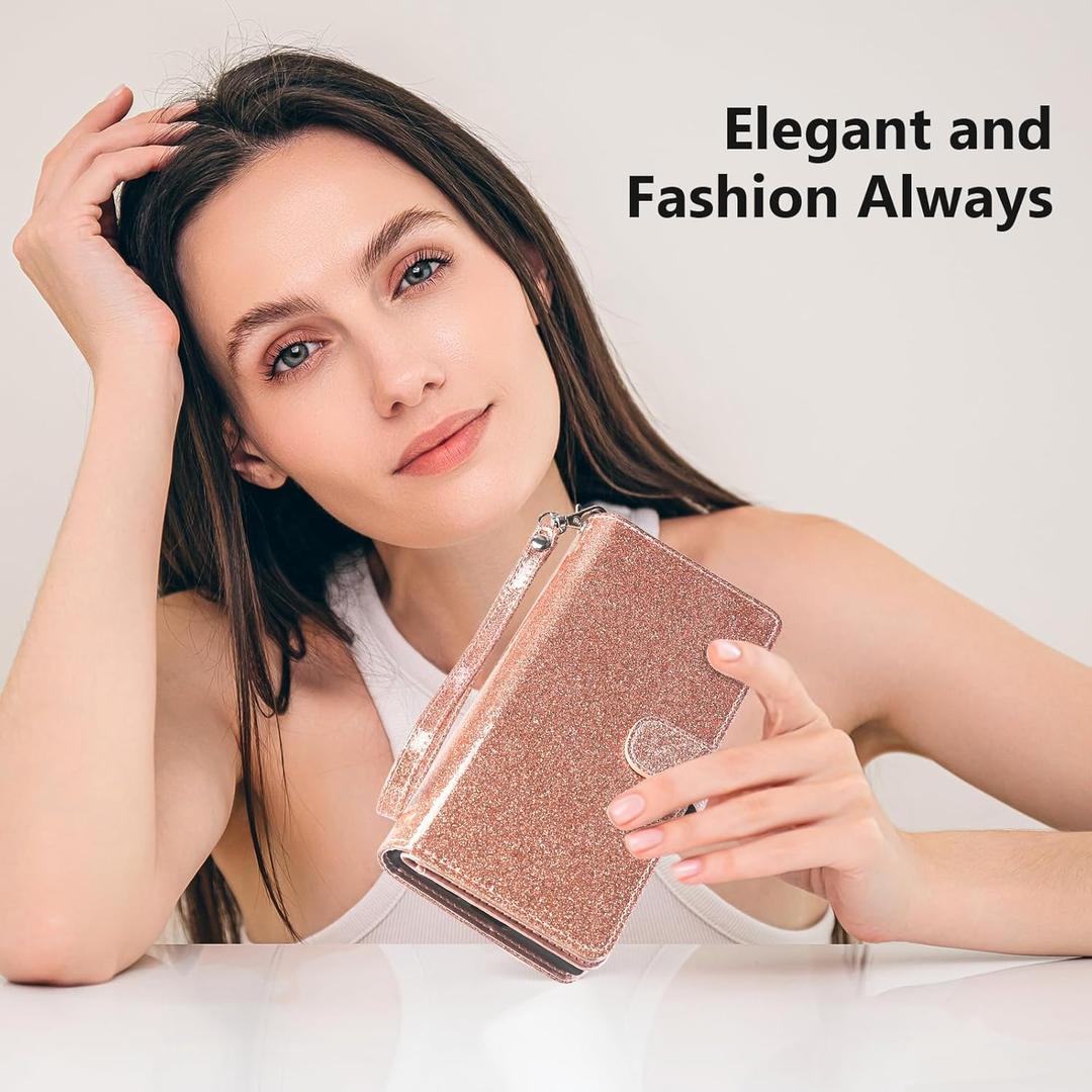 Varikke for iPhone 16 Wallet Case Detachable with RFID Blocking Card Holder for Women, Glitter PU Leather Wrist Strap Strong Magnetic Flip Wallet Removable Phone Case for iPhone 16 6.1", Rose Gold