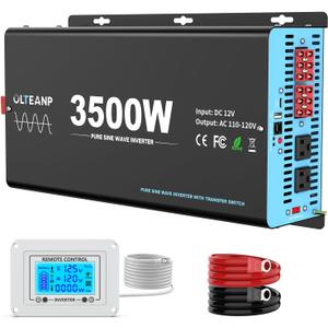 3500W Pure Sine Wave Power Inverter with Transfer Switch, 12V DC to 120V AC Converter, 7000W Peak, Auto Switch to Shore Power, Remote LCD Controller, USB & Type-C for RV, Truck, Off-Grid Heavy Duty