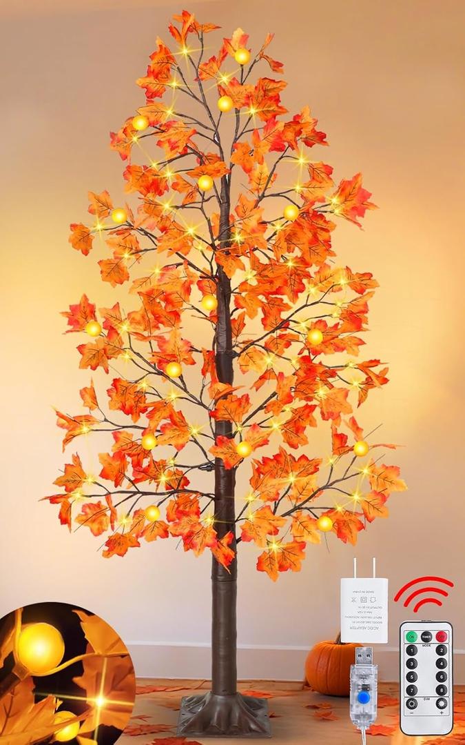 Remote Control&Timer - Thanksgiving Decorations 6 Ft Artificial Lighted Prelit Fall Maple Tree for Home, 3D Pumpkin Lights 135 Warm White LEDs 8 Modes/USB Plug Fall Decor Porch Party Indoor Outdoor