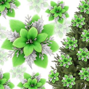 Zeyune 15 Pack Green Poinsettia Flowers Glitter Artificial Christmas Poinsettia Decor 5.5'' Plush Flowers Picks with Clips and Stems DIY for Xmas Tree Wreath Holiday Home Party Decor(Green Silver)