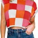 Saodimallsu Womens Cap Sleeve Crop Tops Summer Color Block Going Out Crew Neck Knit Trendy Casual Sweater (Orange, XL)