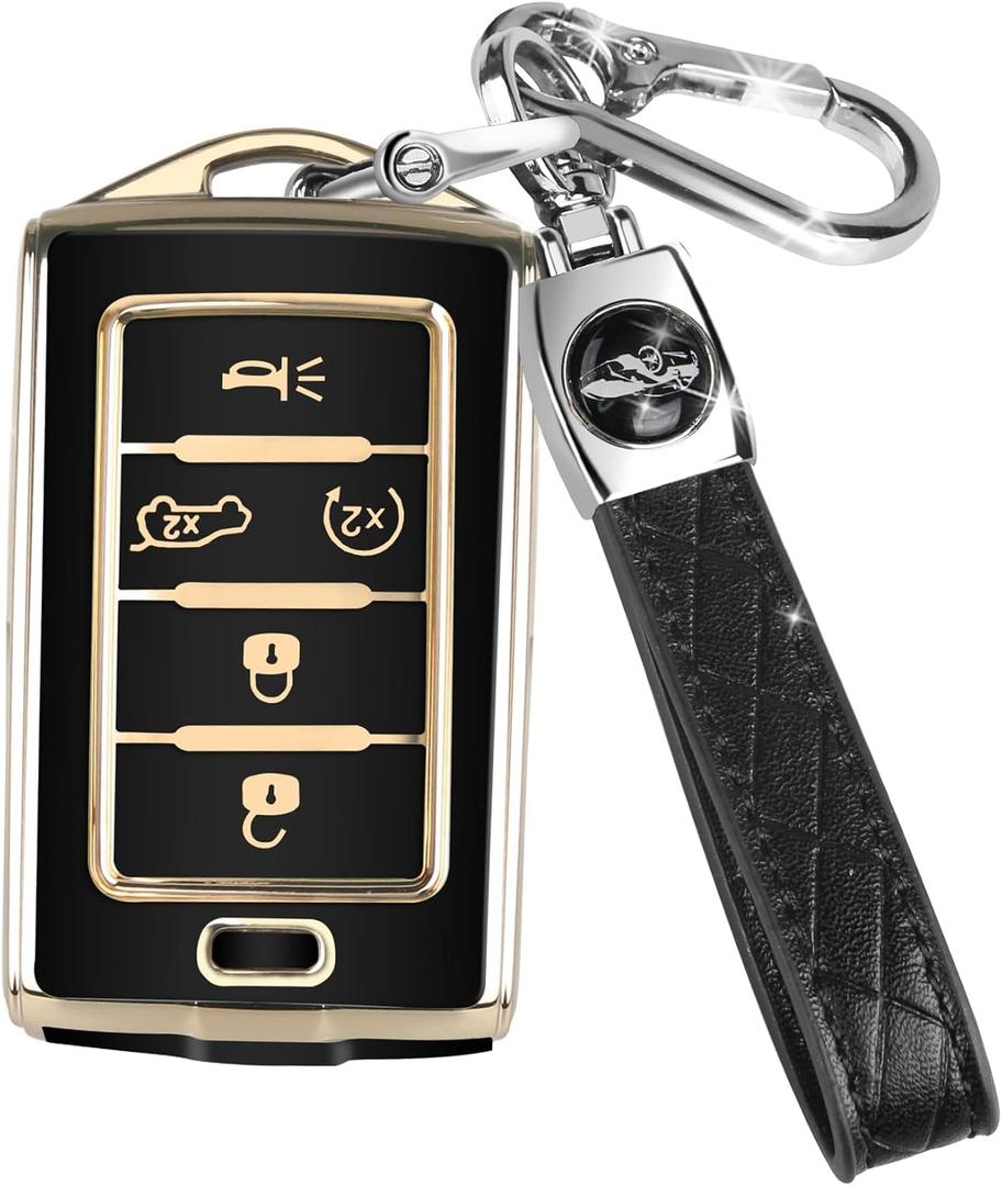 for Jeep Key Fob Cover with Keychain, Car Key Case Shell Protection 5 Buttons, Fit for Jeep | Grand Cherokee | Wagoneer | Grand Cherokee L | 2021 2022 2023 | Soft TPU Accessories, Black