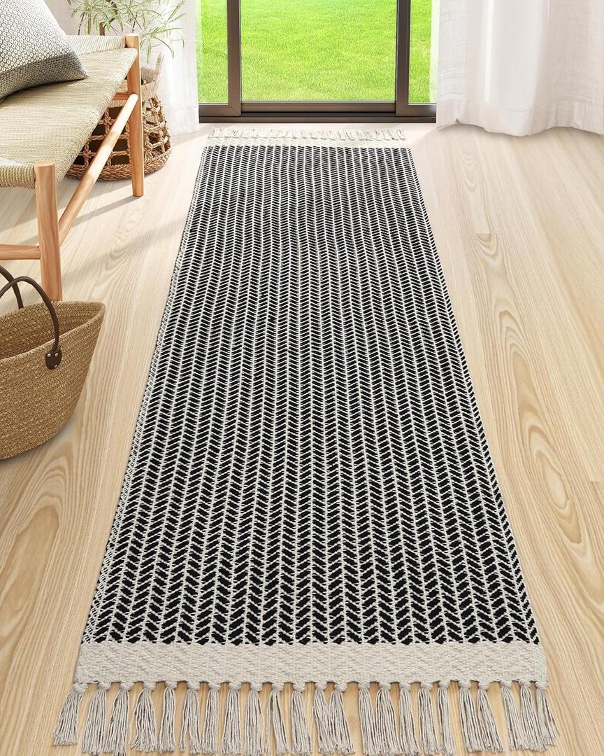 Lahome Boho Kitchen Runner, 2'6''x8 Runners for Hallways Lightweight Bath Mat Woven Washable Runner Rug with Tassels, Farmhouse Non Shedding Black Rug for Bedroom Living Room