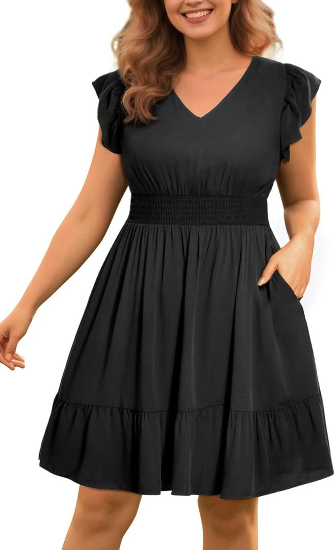 Women's Black Dress Plus Size Summer Casual Boho V Neck Ruffle Sleeve Flowy Short Sundress Pockets Beach 18W