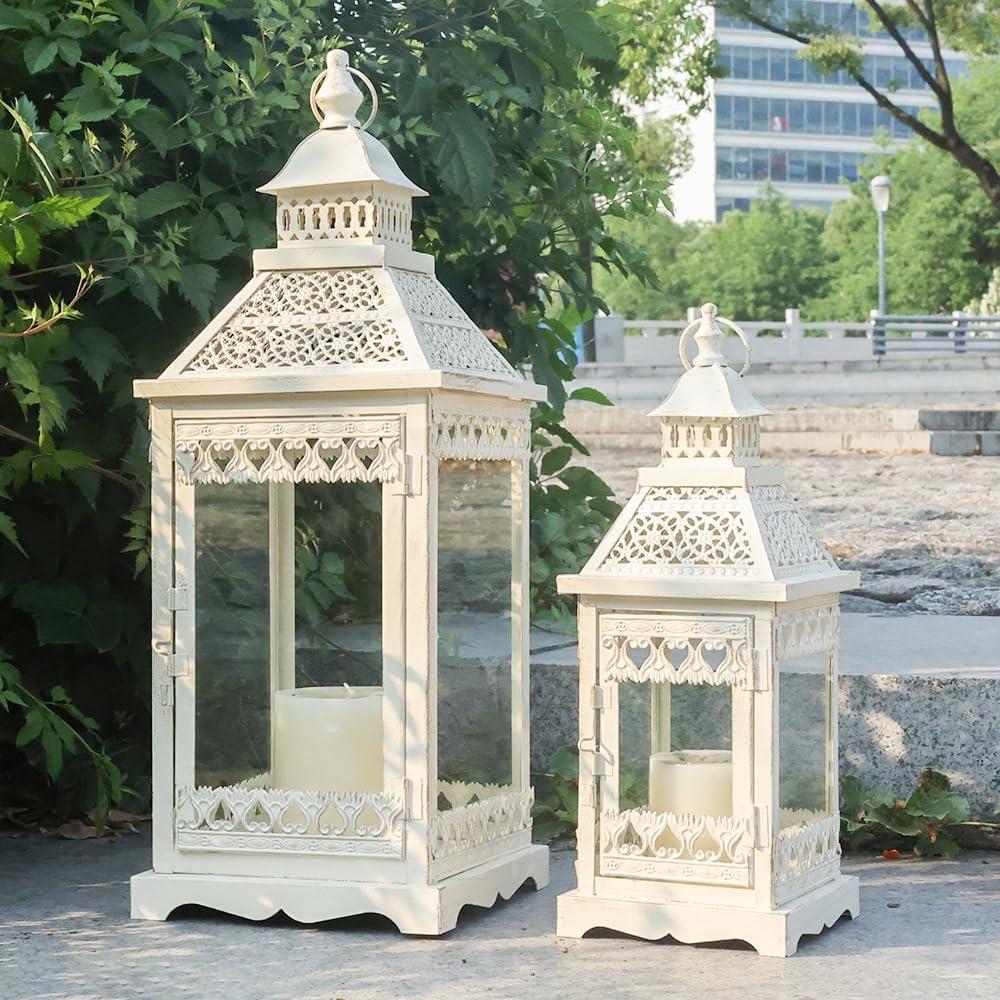 NEEDOMO Lanterns Decorative Outdoor & Indoor, Set of 2 Outdoor Lanterns for Porch,Large Square Candle Lantern, Beige Metal Frame with Glass for Fall, Christmas