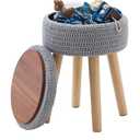 Wimarsbon Pouf Ottoman, 100% Cotton Knitted Boho Footstool, Round Footrest with Non-Skid Wood Legs, Home Décor Handmade Pouffe, Leisure Floor Step Stool for Living Room (High Storage Grey)