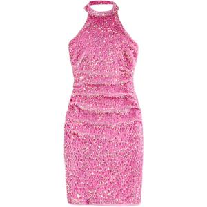 SweatyRocks Girl's Sparkly Sequin Halter Dress Ruched Sleeveless Bodycon Party Dresses (Hot Pink, 12Y) 