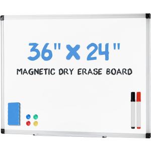 NEWBULIG White Board, 36" x 24" Magnetic Dry Erase Board for Wall with 1 Dry Eraser & 2 Multi-Color Markers & 4 Magnetic Pins, Silver Aluminum Frame for Office, Home, School, White
