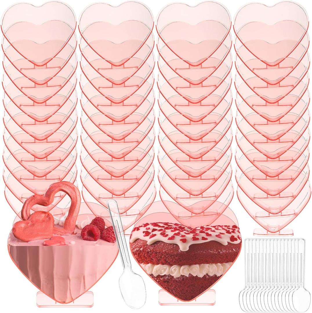 Mini Heart Shaped Dessert Cups with Spoons 2.7 oz Valentine Day Plastic Appetizer Cup Clear Disposable Reusable Heart Shaped Bowl for Valentine Wedding Party Cakes Ice Cream(Pink,40 Set)