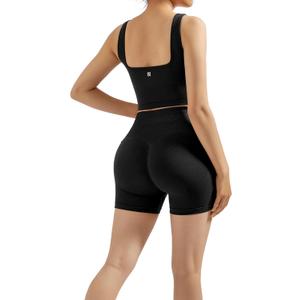 SUUKSESS Women 2 Piece Workout Sets Hidden Scrunch Butt Lifting Biker Shorts Square Neck Tank Tops (Medium, Black)