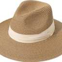 Lanzom Women Wide Brim Straw Panama Roll up Hat Fedora Beach Sun Hat UPF50+ (One Size-Small, Beige/Brown)