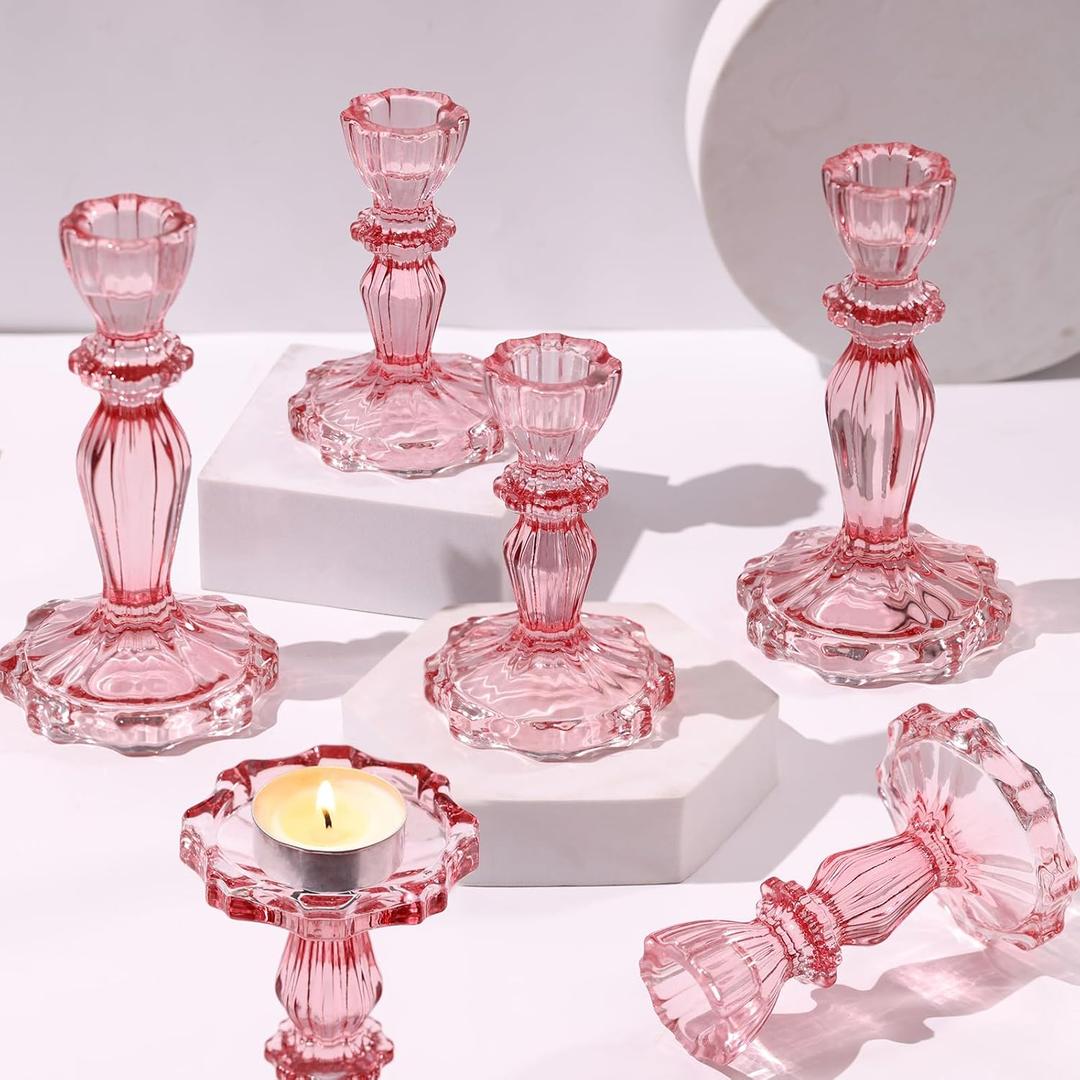 Pink Candlestick Holders Set of 6, Taper Candle Holders, 4.3" H & 6.3" H Glass Candle Holder for Candlesticks & Pillar Candles, Candle Holder for Table Centerpieces, Wedding and Mother's Day