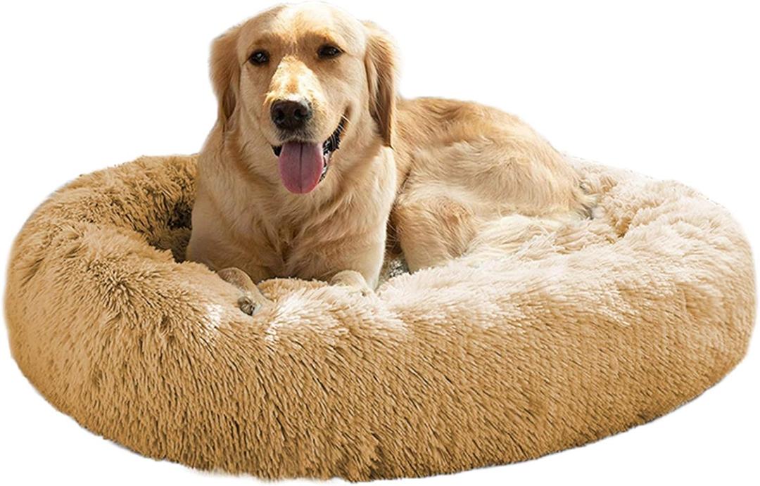 MFOX Calming Dog Bed (L/XL/XXL/XXXL) for Medium and Large Dogs Comfortable Pet Bed Faux Fur Donut Cuddler Up to 15/30/50/100lbs (36.0"L x 28.0"W x 8.0"Th, Beige)