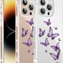 Cute Girly Crystal Clear Case Compatible with iPhone 16 Pro Max, Camera Control & Shockproof Protection Floral Case for Women, Black-Purple Butterflies