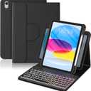 YBING for iPad A16 Case with Keyboard 11th &10th Generation, 360 Rotation Magnetic Cover with 7-Color Backlit Wireless Detachable Keypad with Pencil Holder for iPad 11th 2025/10 Gen 10.9" 2022 (Black)