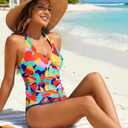 Women Halter Tankini Swim Top - Tummy Control Swimsuit Bathing Suit Top Front Tie Knot Swim Top Only 2025 Color Block (M)