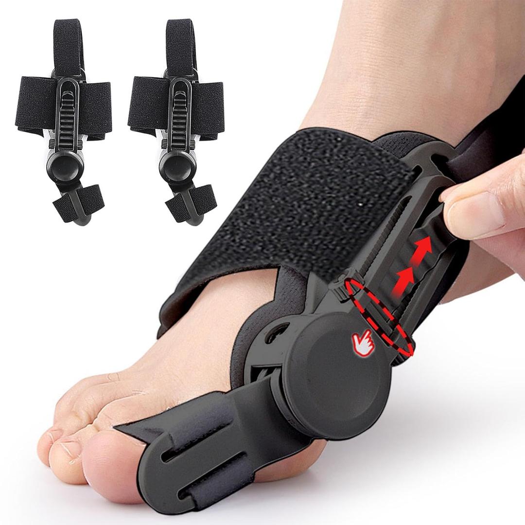 Bunion Corrector for Women & Men - Adjustable Nighttime Big Toe Straightener Bunions Splint with ABS Support for Hallux Valgus Relief Hammer Toe Brace Sleeping Home Use Left/Right Feet - 2PC Black