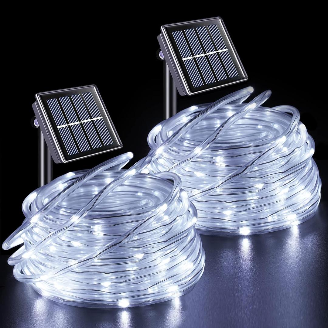 YEGUO Solar Rope Lights Outdoor Waterproof, 2 Packs Each 33ft 100 LED String Lights, 8 Modes Fairy Lights in Clear Thin Tube for Camping Fence Patio Garden Trampoline Deck(White)