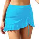 SHEKINI Women's High Waisted Swim Skirt Drawstring Ruched Bathing Suit Bottoms with Built-in Brief (Blue, XL)