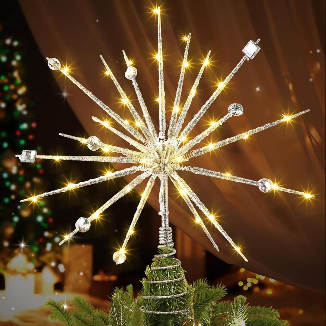 Christmas Tree Topper 15 inch Battery Operated Mid Century Vibe Retro 3D Lighted Starburst Tree Topper Decorations with Crystal and 19 Twinkle Lights(Silver)