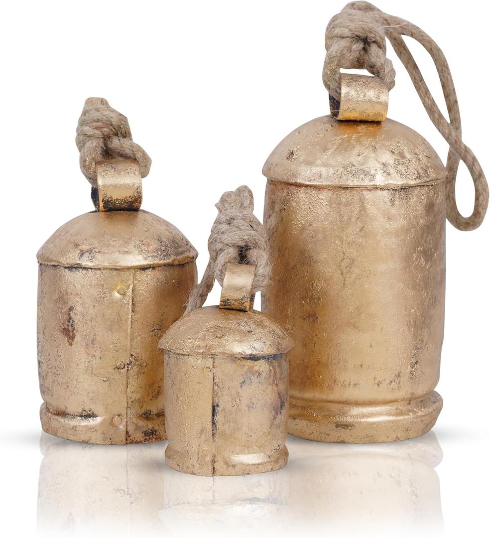 Krati Exports 3 Pc Giant Harmony Cow Bells Rustic Handmade Decorative Vintage Hanging Bells with Jute Rope (Gold Rustic, Large)