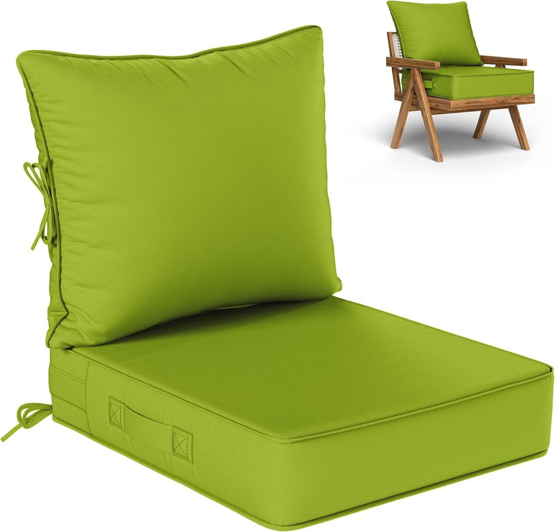 Outdoor Seat Cushion Set 22 L x 24 W x 5 H Inch Waterproof & Fade Resistant Patio Furniture Cushions with Removable Cover with Handle and Straps for Sofa Chairs, Chairs, Grass Green