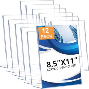 DECOHOBO 12 Pack Acrylic Sign Holder 8.5 x 11, Clear Plastic Display Stands for Tabletop, LShape Acrylic Stands for Flyers, Documents, Office, Restaurants, Vertical Sign Holder 8.5x11 for Desktop