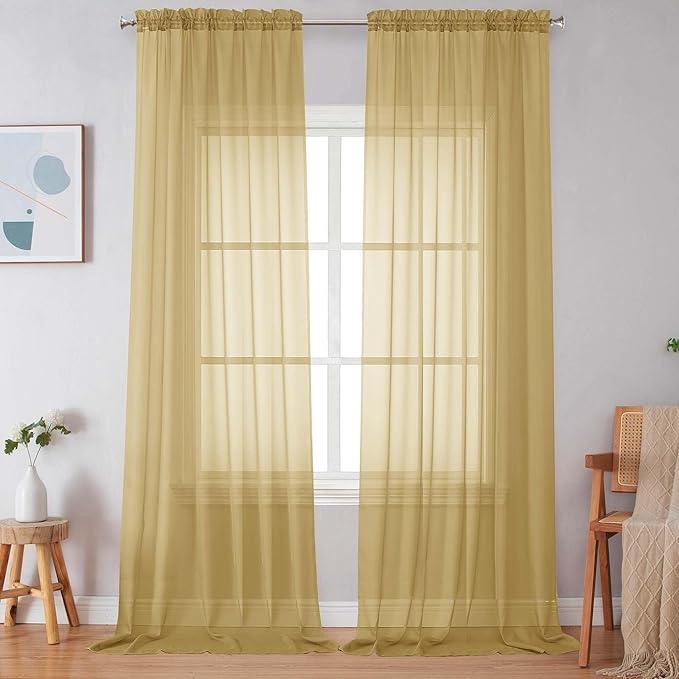 Simplebrand Gold Sheer Curtains 108 Inches Long, Extra Long Rod Pocket Solid Color Window Sheer Curtain Panels, Elegant Curtains & Drapes for Living Room, Bedroom 2 Panels (Gold, 59" W x 108" L)