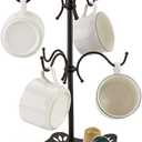 Coffee Mug Holder for Large Mugs, Mug Tree for Counter, Cup Holder for Countertop, Mug Rack with Tray, Metal Mug Tree with 6 Hooks, Coffee Counter Bar Accessory & Kitchen Home Organizer (Black)