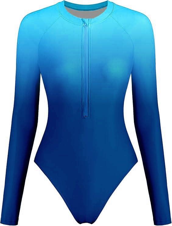 ZAFUL Women's Long Sleeve Rash Guard Swimsuit One Piece Zipper Surfing Bathing Suit (Large, Ombre Blue)