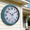 16 Inch Large Outdoor Clock Retro Waterproof Clock Non-Ticking Indoor/Outdoor Wall Clock with Thermometer, Battery Operated for Pool, Patio, Garden, Green