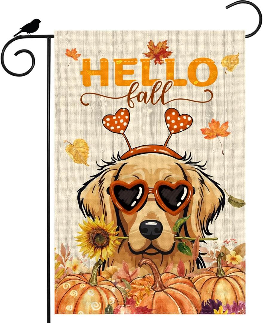 2 x Hello Fall Wood Watercolor Dog Sunflowers Pumpkins Maple Leaves Autumn Garden Flag Yard Flag 12x18 Inch Double Sided Small Mini Yard Outdoor Outside Farmhouse Holiday Decoration