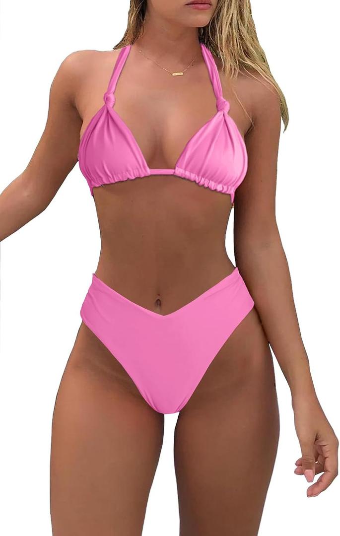 Bikini Sets for Women Sexy Halter Triangle String Bikini Cheeky V Cut High Waisted Thong Swimsuits 2 Piece (Pink, L)