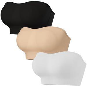 saillsen Strapless Bra for Women, Wirefree No Slip Clear Straps Elastic Breathable Support Bandeau Everyday Bra Under Backless Dresses, Black+Beige+White, L