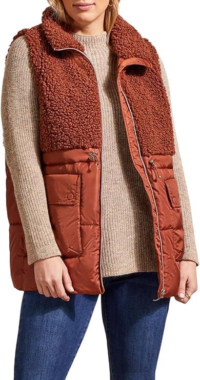 Tribal Women's Mock Neckline Sherpa and Nylon Combo Zip-Up Bungee Drawcord Vest, Brown, S