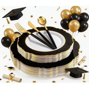 WDF 30Guest Black and Gold Plastic Plates - Gold Plastic Silverware With Black Handle Baroque Black and Gold Disposable Dinnerware for Graduation/Wedding/Party/Birthday (large and small)
