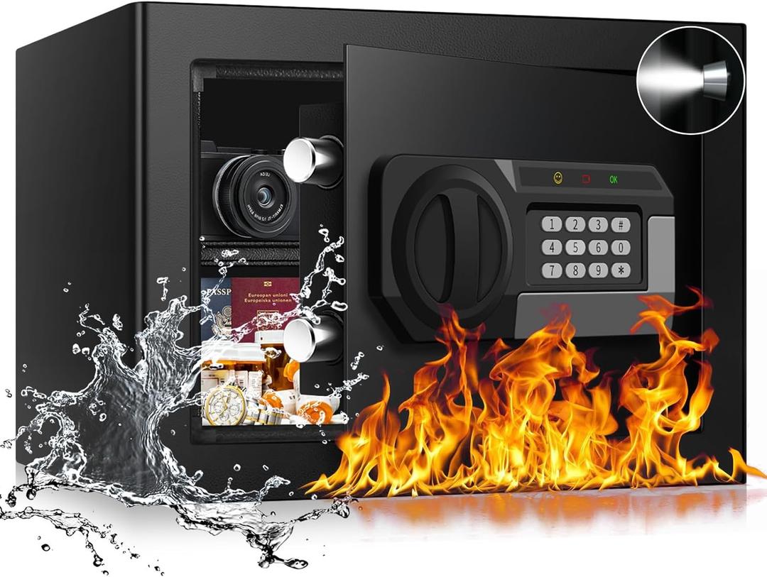 1.2 Cubic Feet Small Fire Safe Box for Home, Fireproof Lock Box, Security Money Safe with Digital Keypad, Spare Keys and Removable Shelf, Personal Home Safes for Money, Jewelry, ID Documents