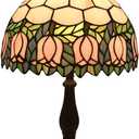 Tiffany Table Lamp,Pink Tulip Stained Glass Table Lamps for Bedroom Bedside 3 Color Temperatures Nightstand Lamp, for Living Room,Dining Room,W/LED Bulb, Mothers Gifts,12X12X19Inch