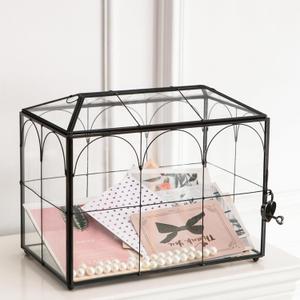 Wedding Card Box with Slot, 10.2'' Large Glass Card Boxes for Reception, Black Geometric Holder, Clear Decorative Storage Box with Lock for Baby Shower, Birthday Party, Christmas, Bridal Shower