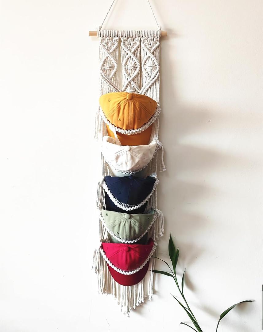 Macrame Cap Holder, Boho Hats organizer for baseball Caps, Hat Rack for Wall Hanging Decoration, Cap Rack for collection Display, Handmade Cap Hanger Storage Organizer (Five hats)
